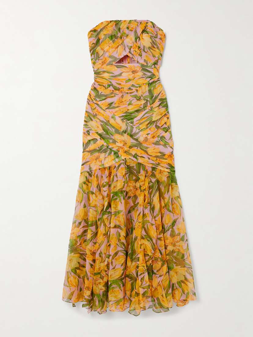 Carolina Herrera Strapless Draped Cutout Floral-print Silk-chiffon Gown