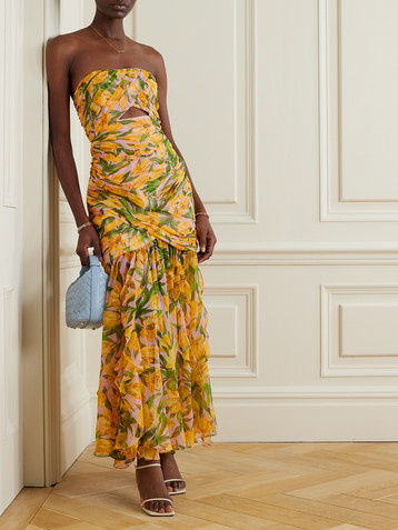 Carolina Herrera Strapless draped cutout floral-print silk-chiffon gown