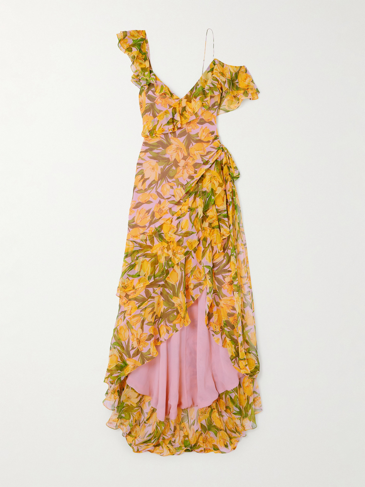 Carolina Herrera One-shoulder Ruffled Gathered Floral-print Silk-chiffon Gown In Yellow