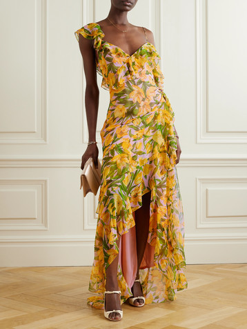Carolina Herrera One-shoulder ruffled gathered floral-print silk-chiffon gown