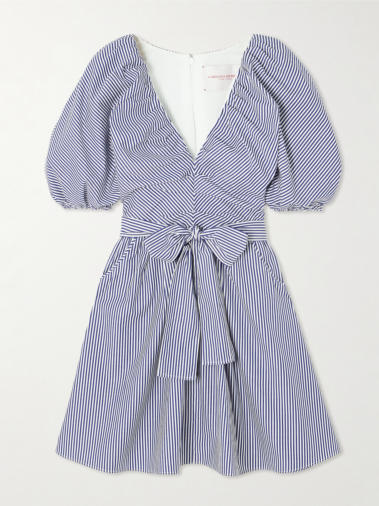 Carolina Herrera Belted Striped Cotton-poplin Mini Dress In Blue