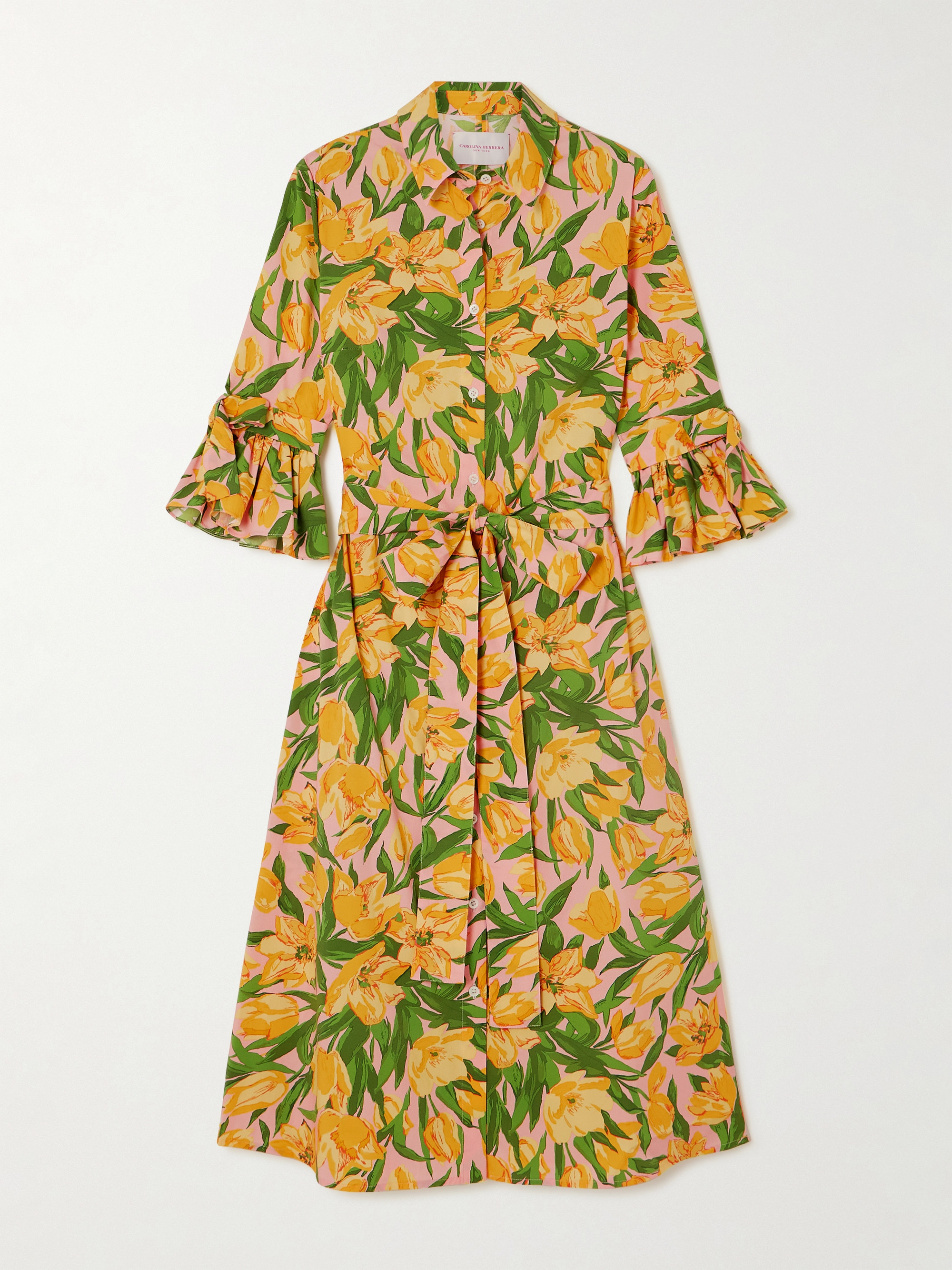 Carolina Herrera Belted pleated floral-print cotton-poplin midi shirt dress thumbnail