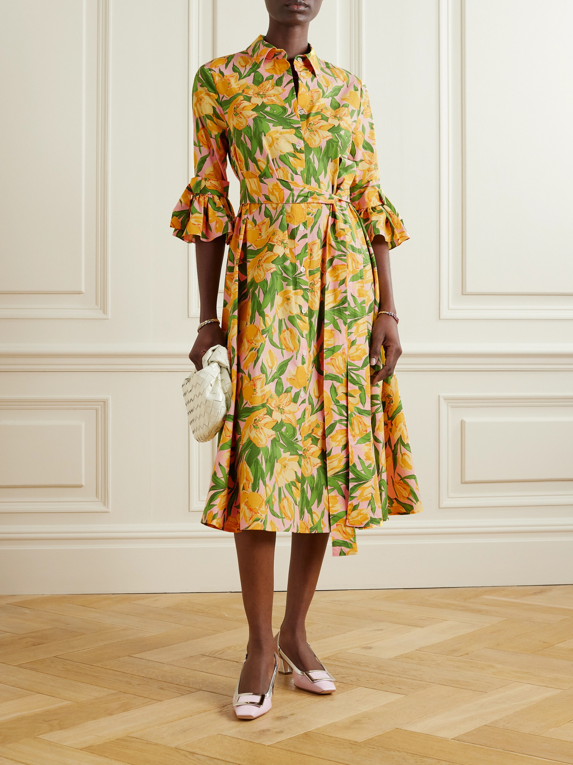 Carolina Herrera Belted pleated floral-print cotton-poplin midi shirt dress