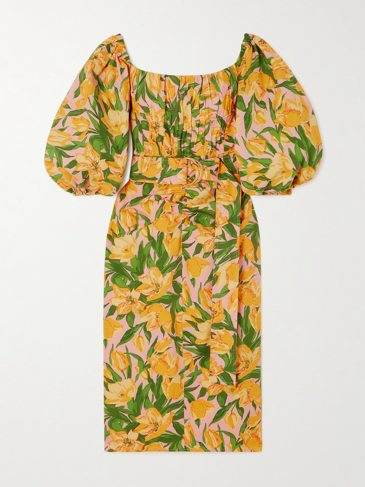 Carolina Herrera Off-the-shoulder Ruched Belted Floral-print Stretch-cotton Midi Dress In Yellow