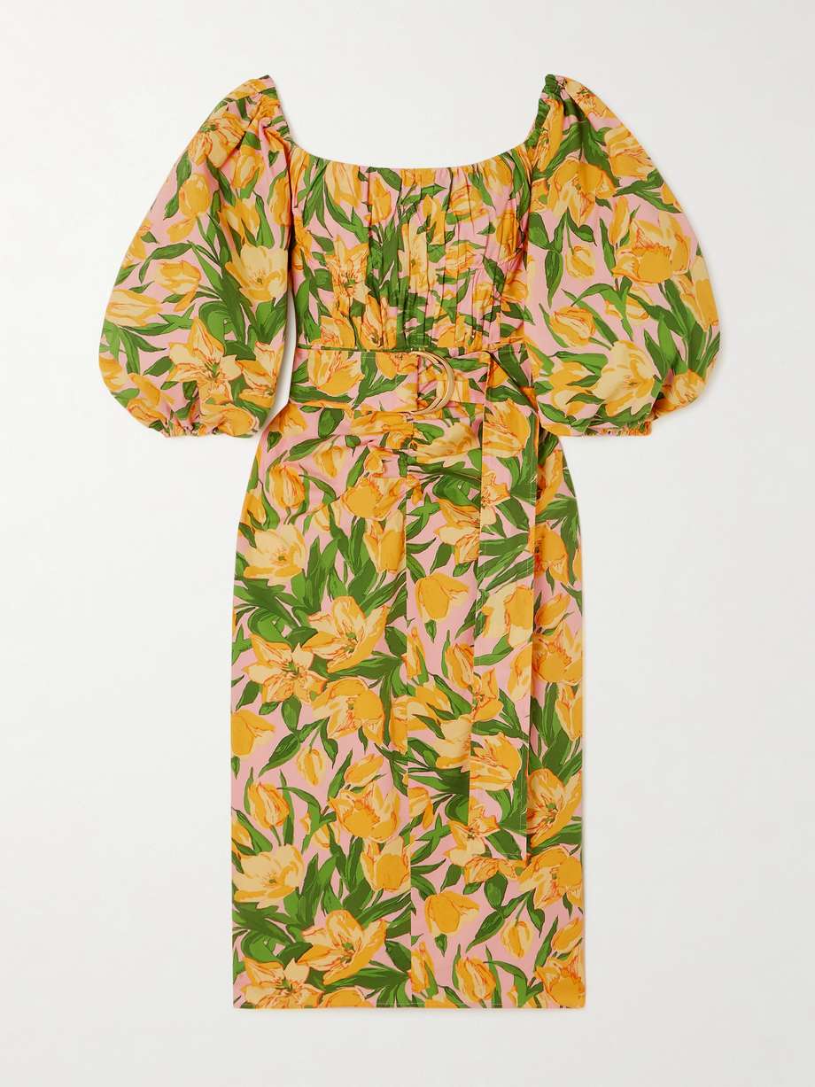 off-the-shoulder ruched belted floral-print stretch-cotton midi dress