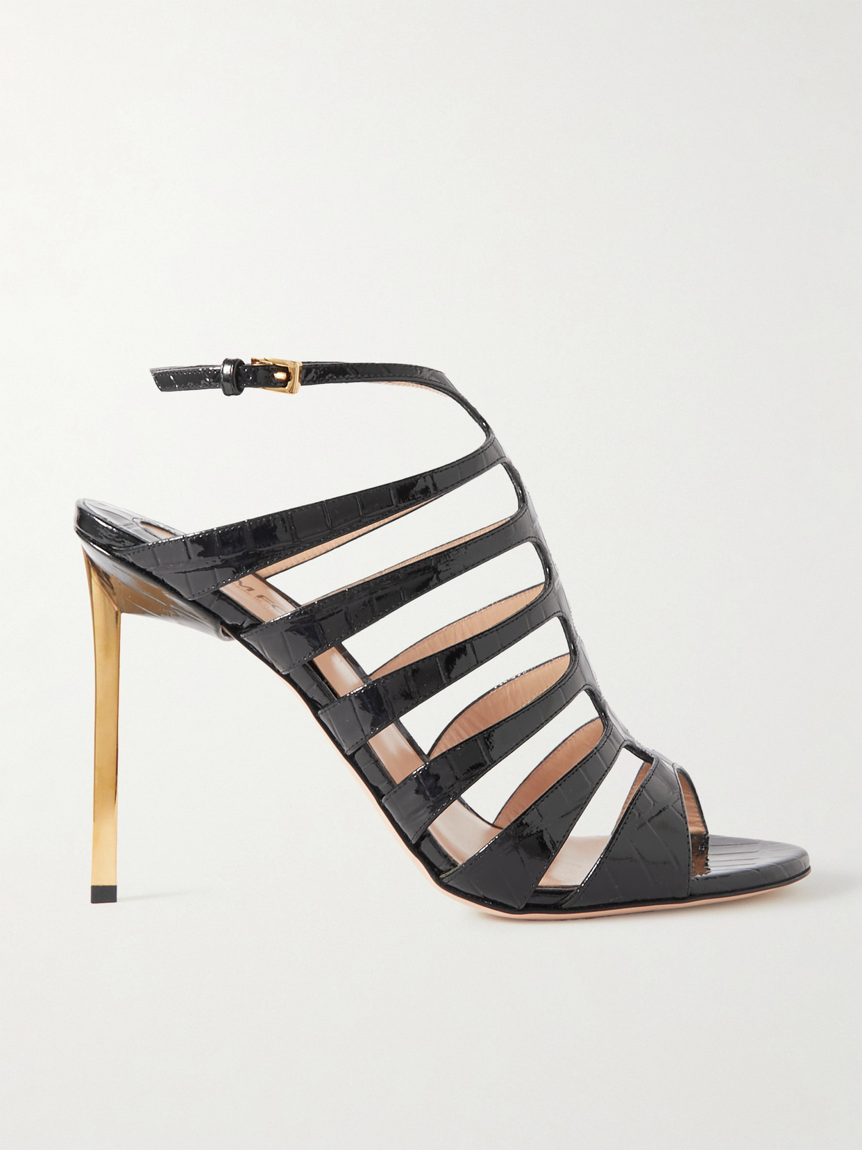 Shop Tom Ford Carine Croc-effect Patent-leather Sandals In Black