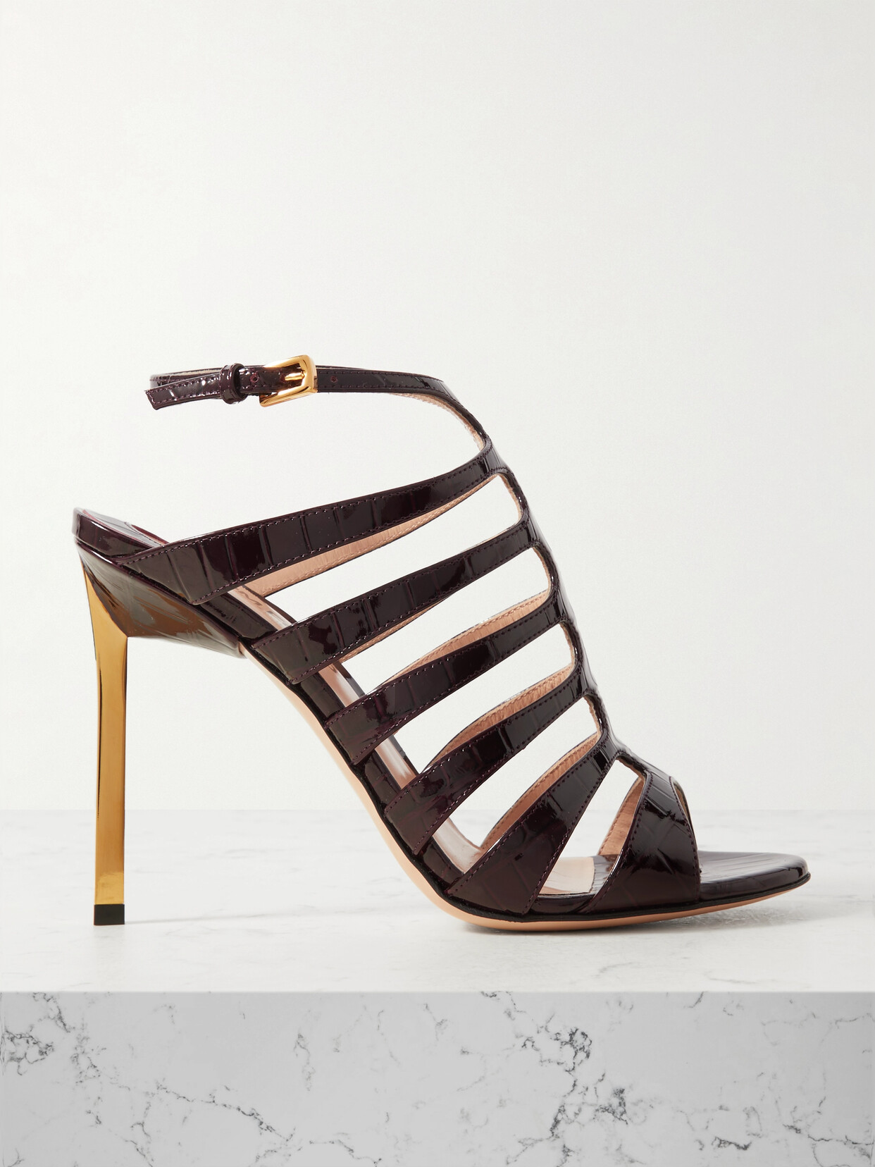 Shop Tom Ford Carine Croc-effect Patent-leather Sandals In Burgundy