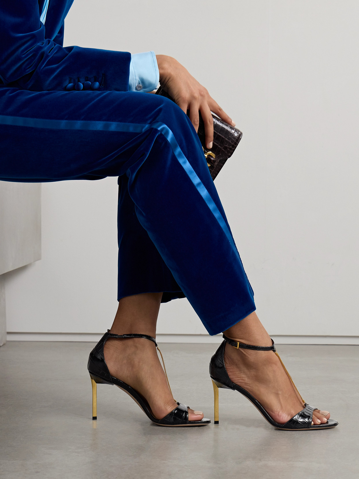 Tom Ford Black Croco Embossed Leather Sandals In Black