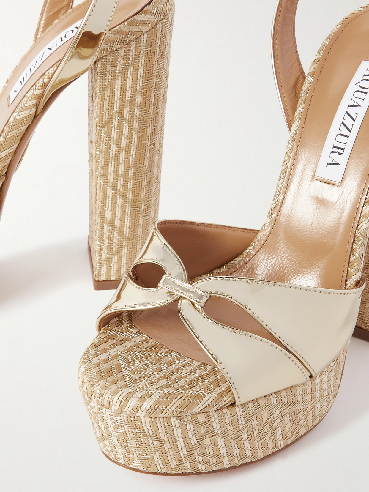 Aquazzura Villette 140 Metallic Faux Leather And Raffia Platform Sandals In Gold