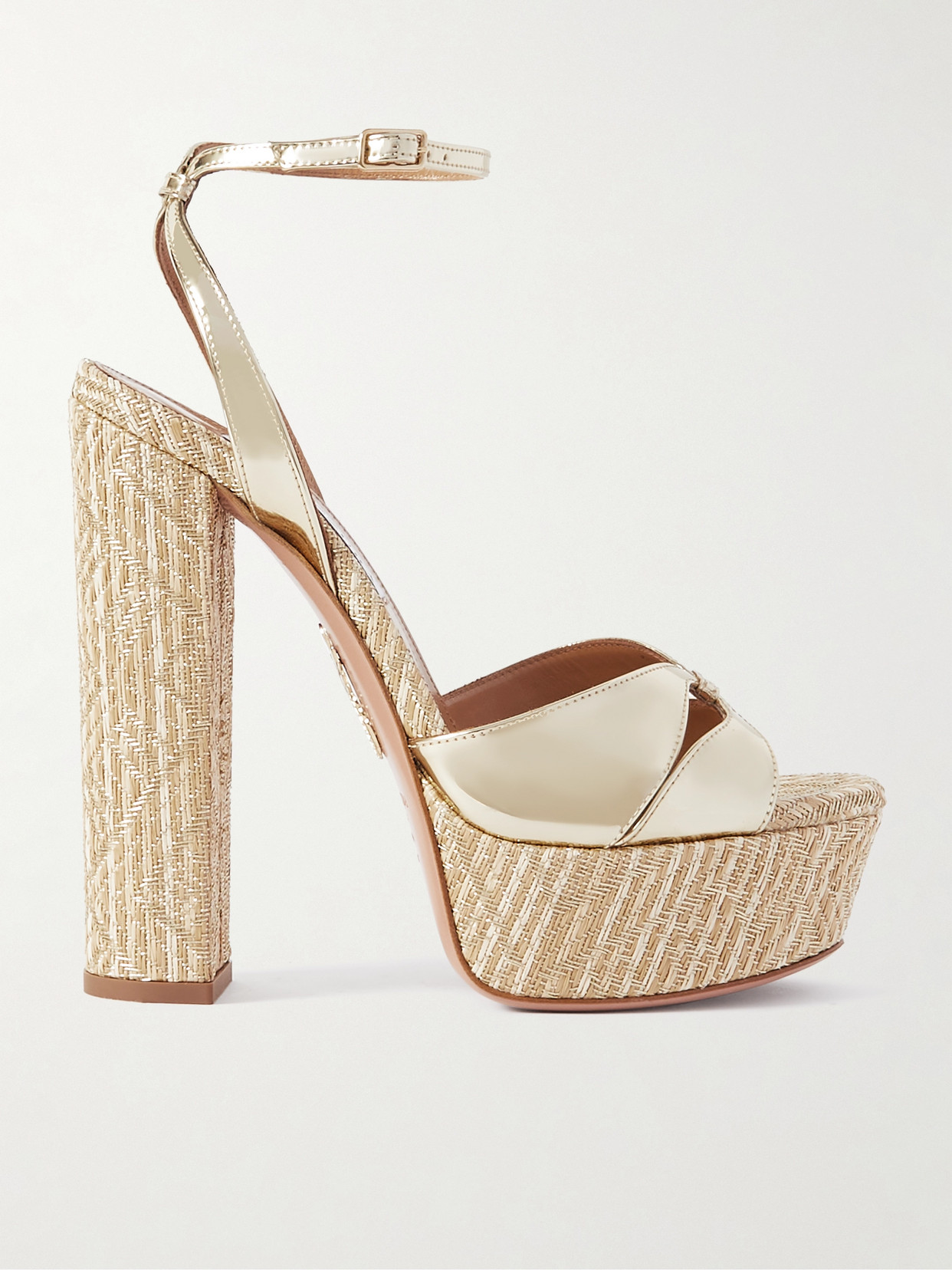 Aquazzura Villette 140 Metallic Faux Leather And Raffia Platform Sandals In Gold