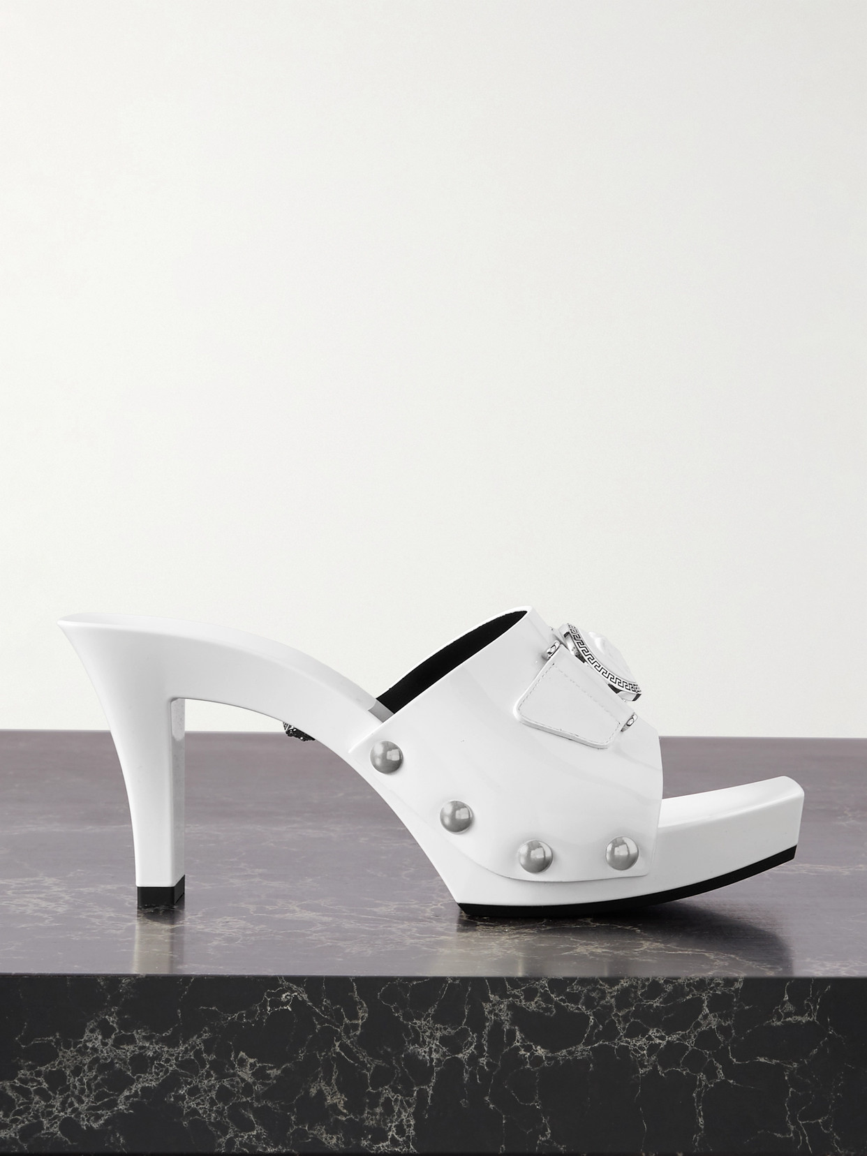 Shop Versace Embellished Patent-leather Mules In White