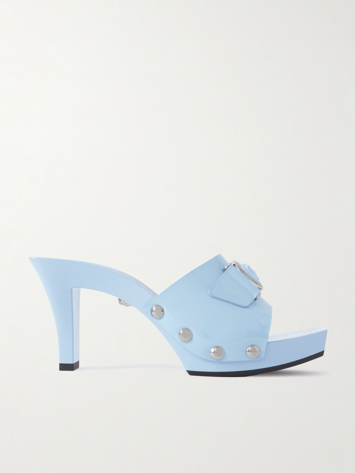 Versace Embellished Patent-leather Mules In Blue