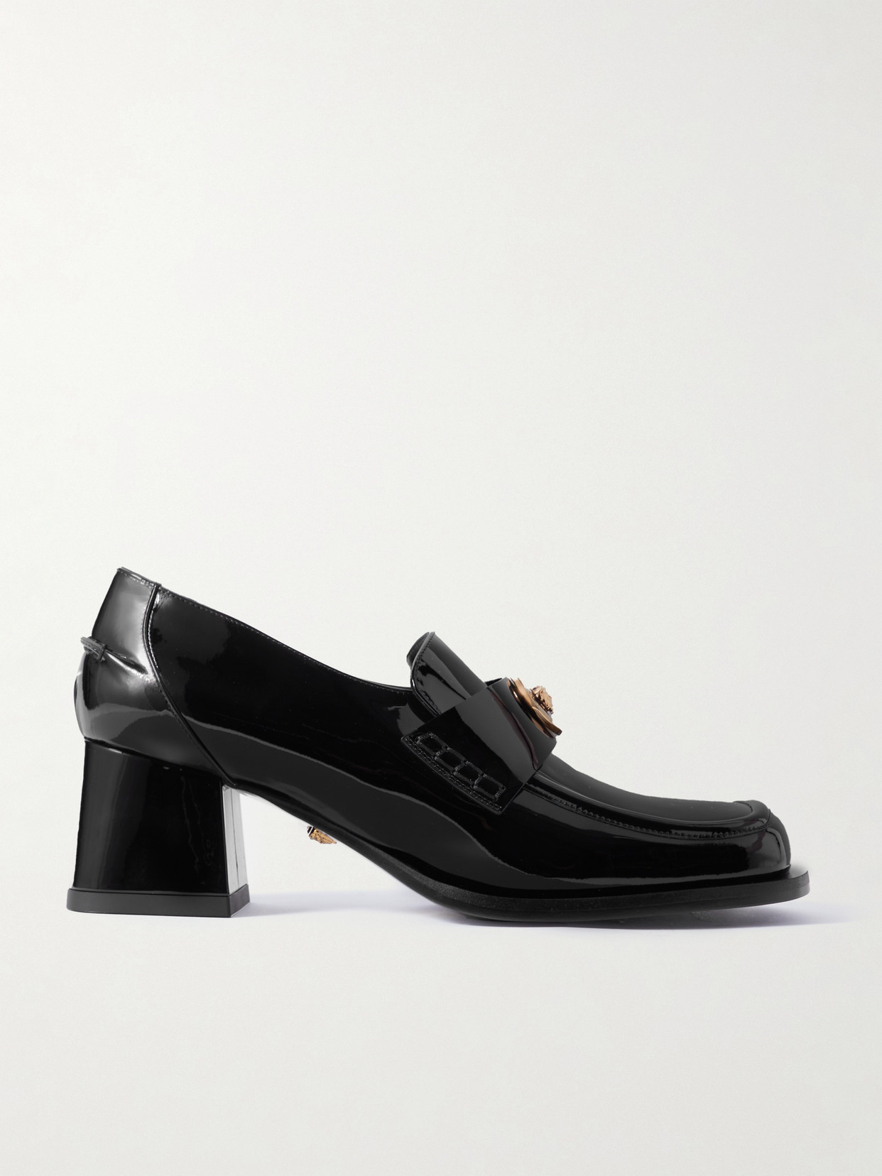 Shop Versace Alia Embellished Patent-leather Loafers In Black