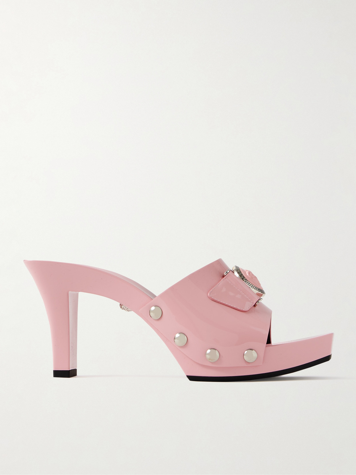 Shop Versace Embellished Patent-leather Mules In Pink