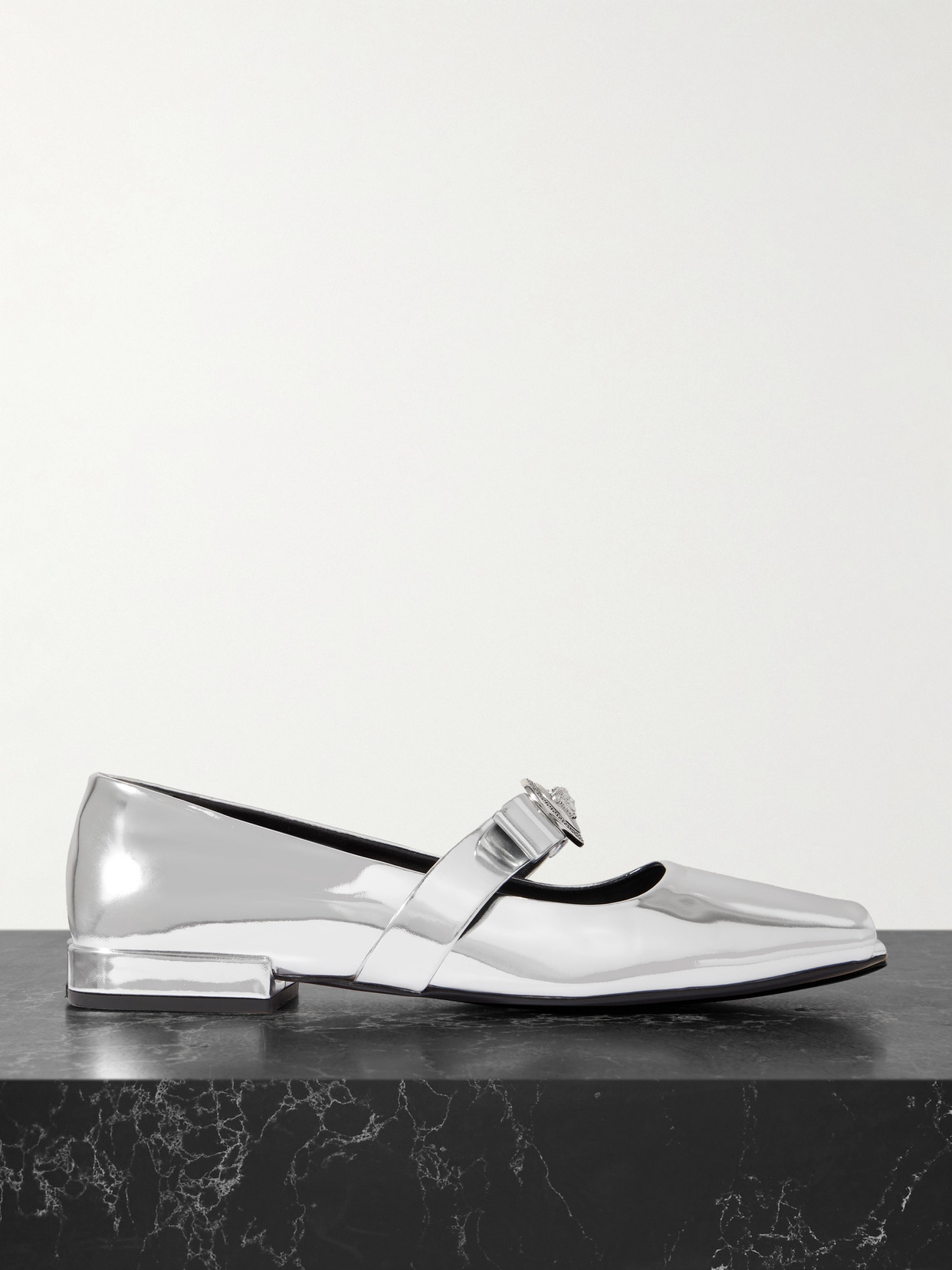 Versace Embellished Mirrored-leather Open-toe Ballet Flats In Silver