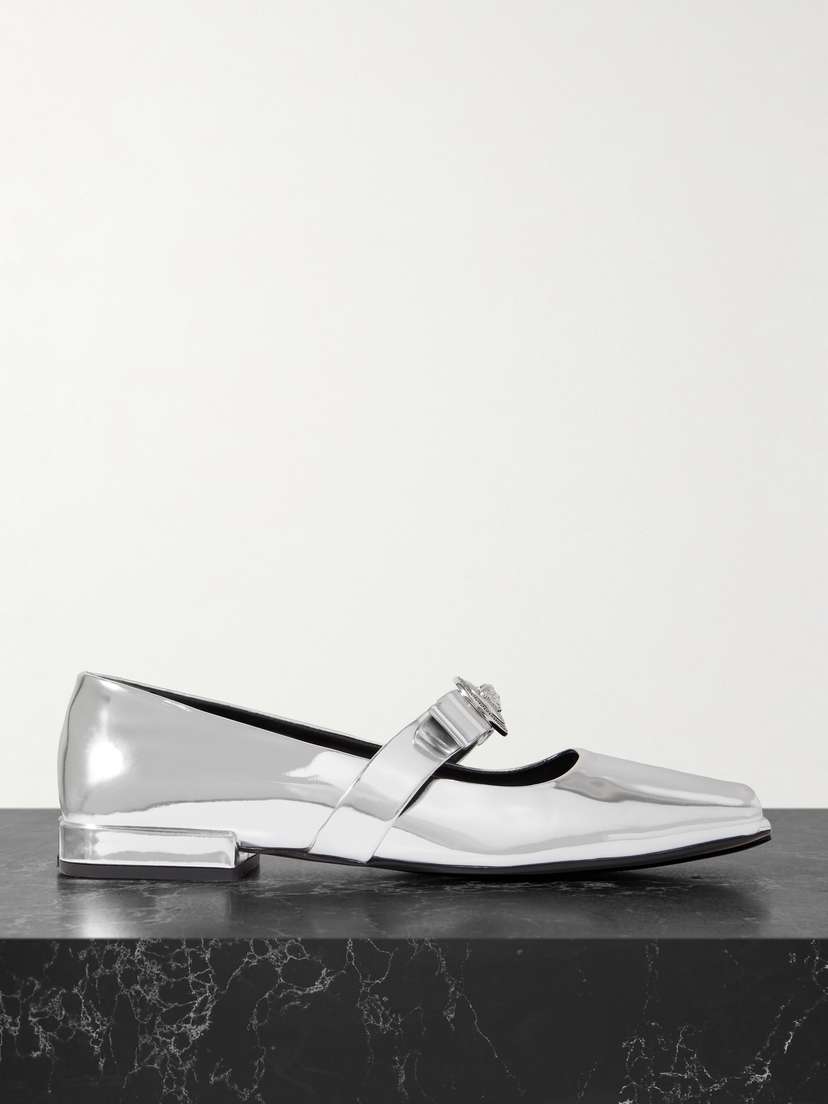Versace Embellished Mirrored-leather Open-toe Ballet Flats
