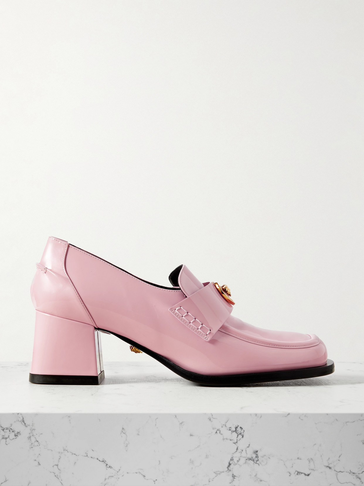 Versace Alia Embellished Patent-leather Loafers In Pink