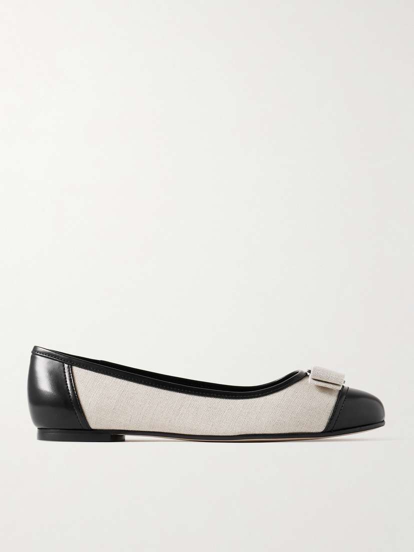 Ferragamo Varina Bow-embellished Leather-trimmed Canvas Ballet Flats