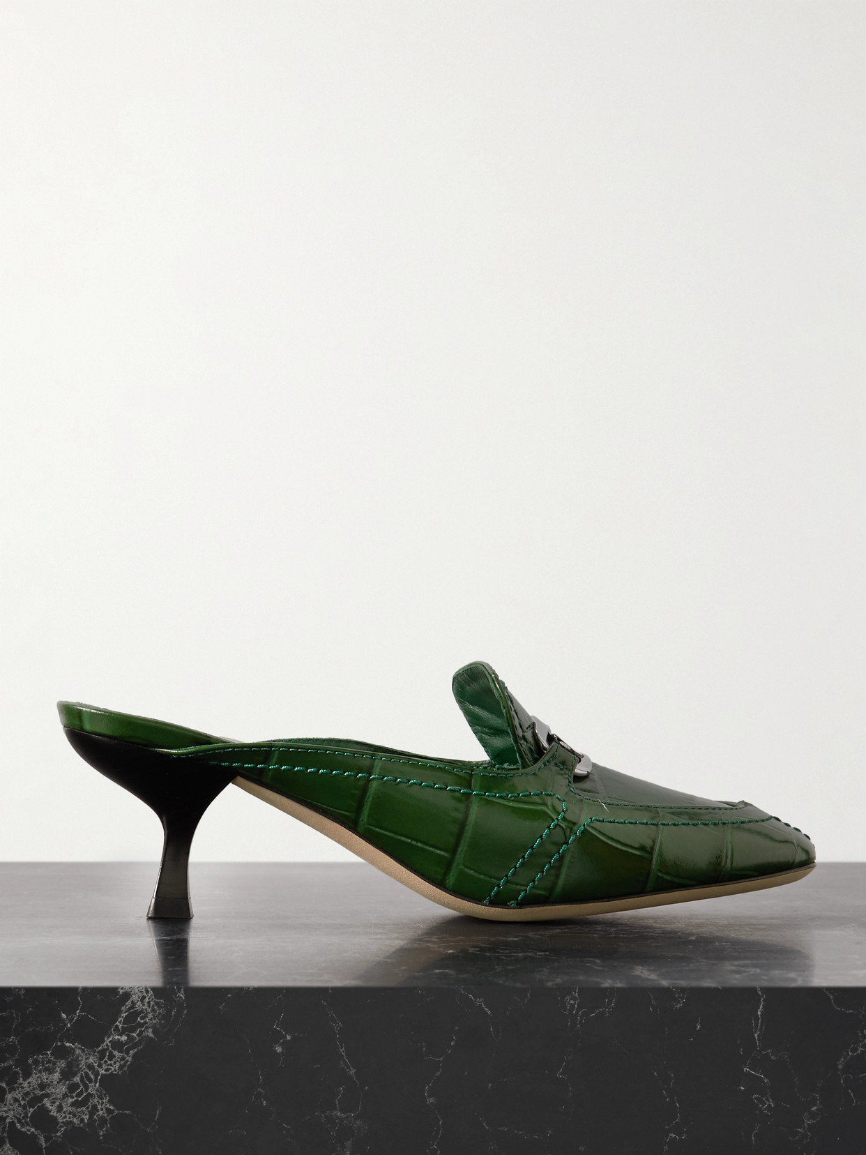 Shop Ferragamo Elodye Embellished Croc-effect Leather Mules In Green