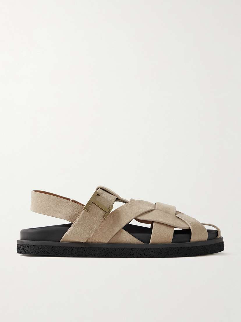 Tod's T Timeless Embellished Woven Suede Slingback Sandals