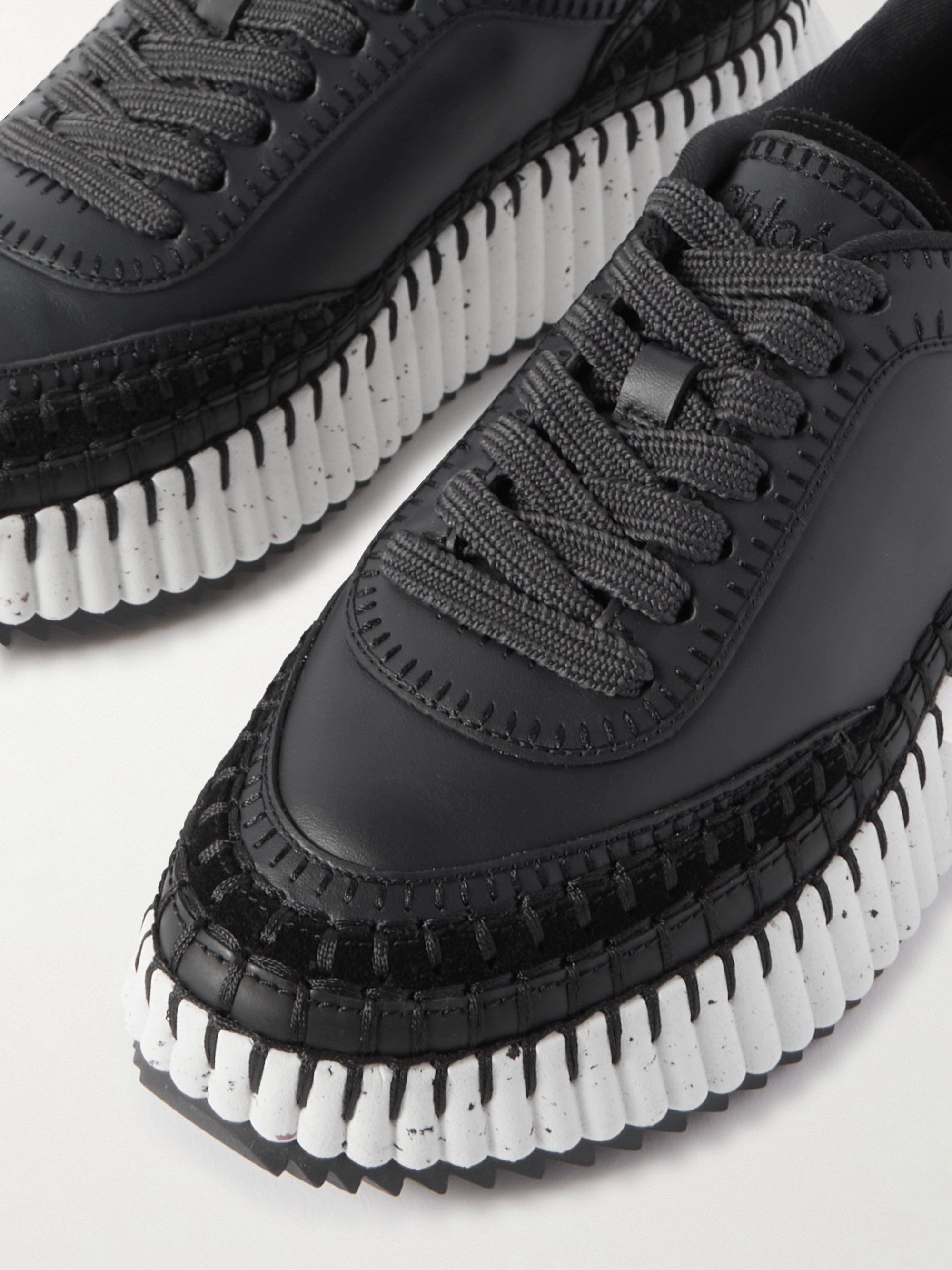Chloé Nama embroidered suede-trimmed leather sneakers
