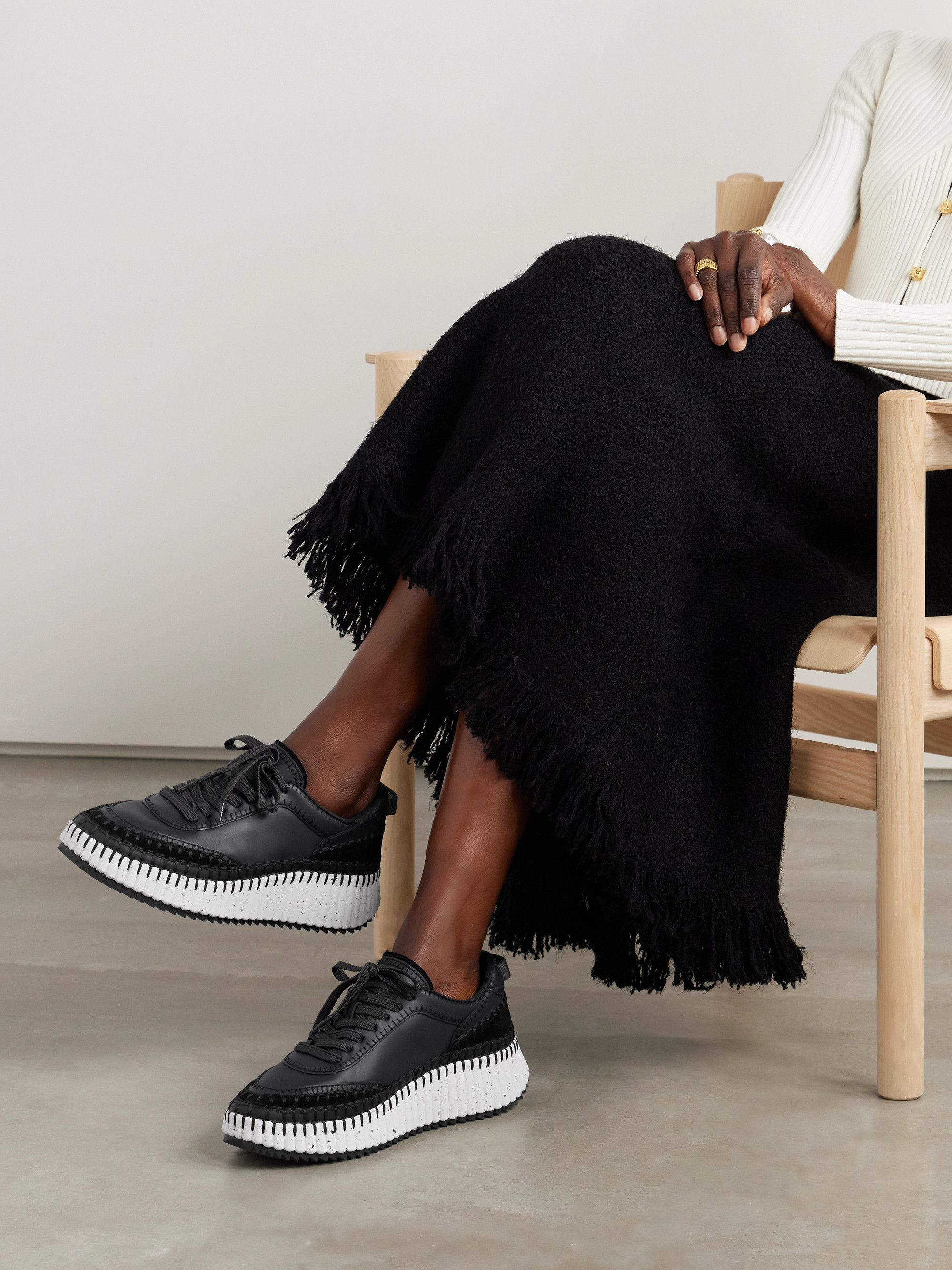 Chloé Nama embroidered suede-trimmed leather sneakers