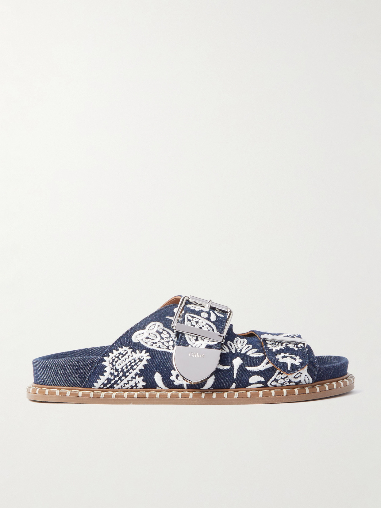 Shop Chloé Rebecca Whipstitched Embroidered Denim Slides In Blue