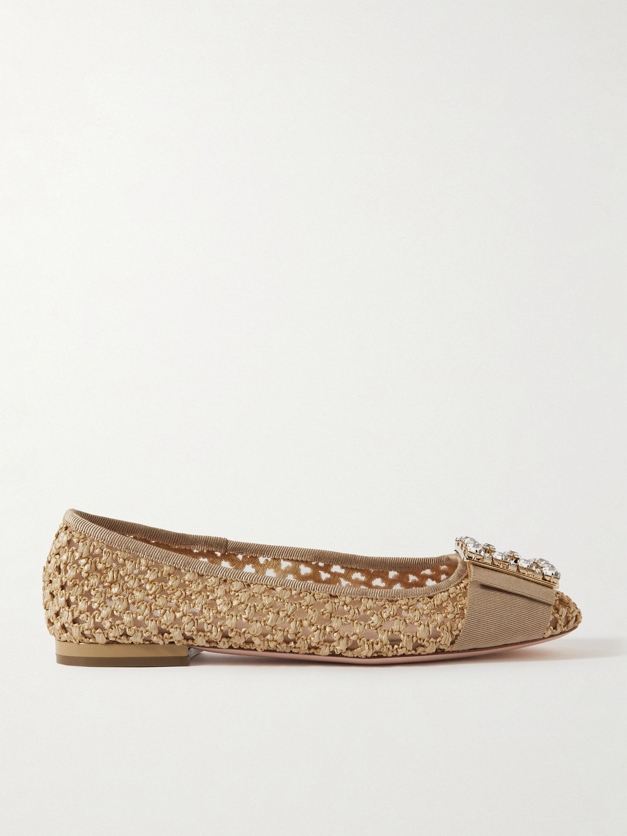 Shop Roger Vivier Très Vivier Crystal-embellished Grosgrain-trimmed Raffia Ballet Flats In Neutrals