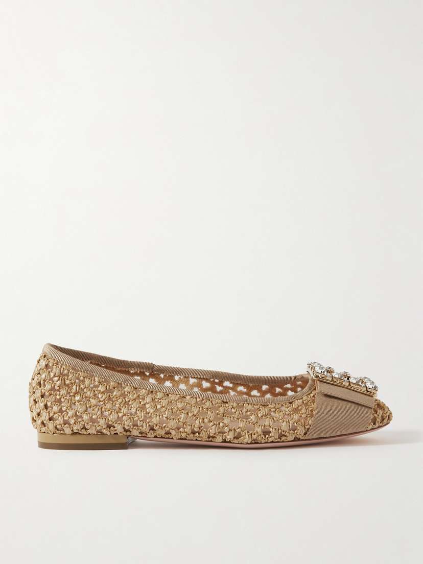 Roger Vivier Très Vivier Crystal-embellished Grosgrain-trimmed Raffia Ballet Flats