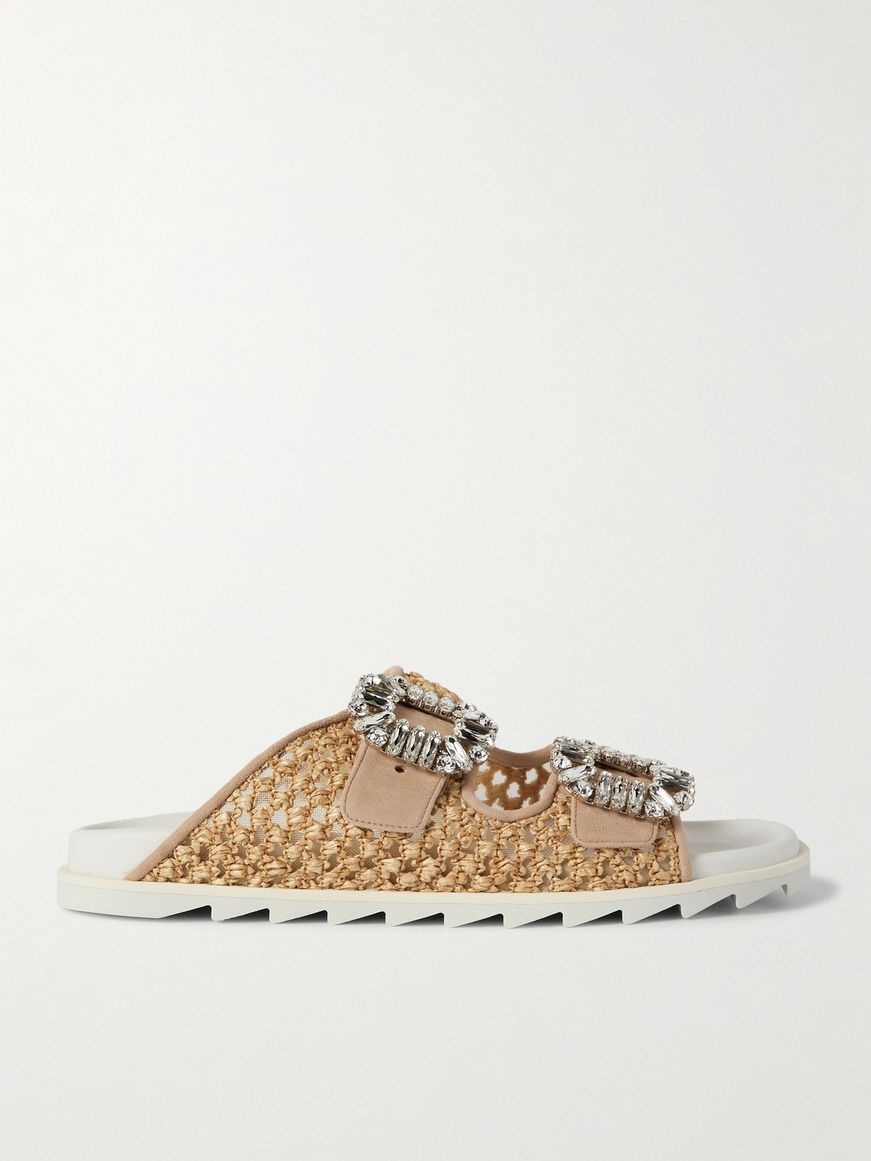 Roger Vivier Slidy Viv Crystal-embellished Suede-trimmed Raffia Slides In Neutrals