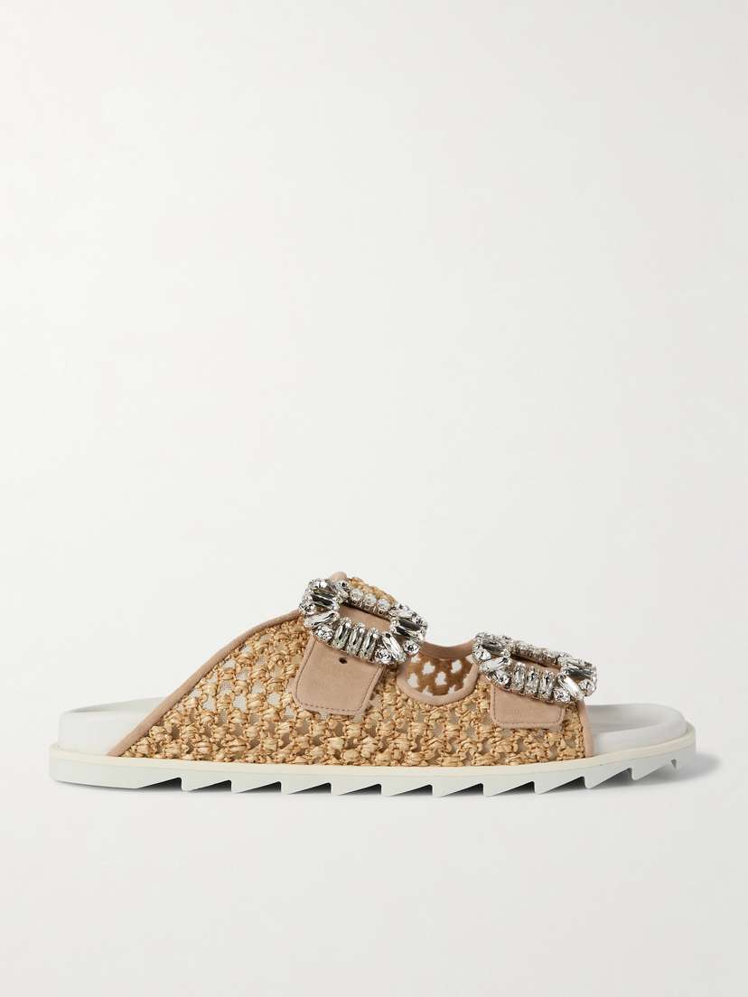 Roger Vivier Slidy Viv Crystal-embellished Suede-trimmed Raffia Slides