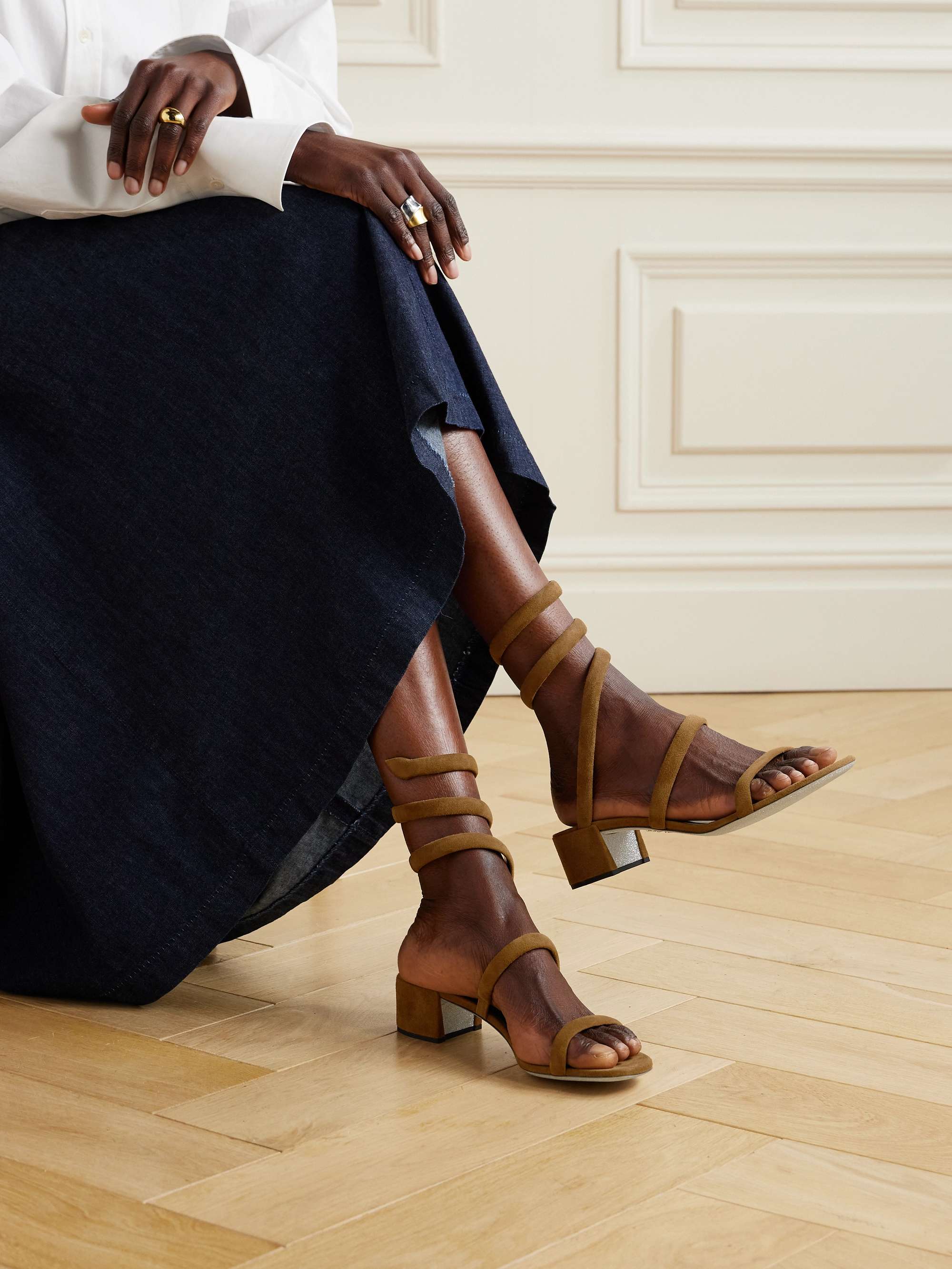 Sandales Soirée RENE COAVILLA Talons Hauts Marron Cuir Lisse Et Daim - Taille 38.5