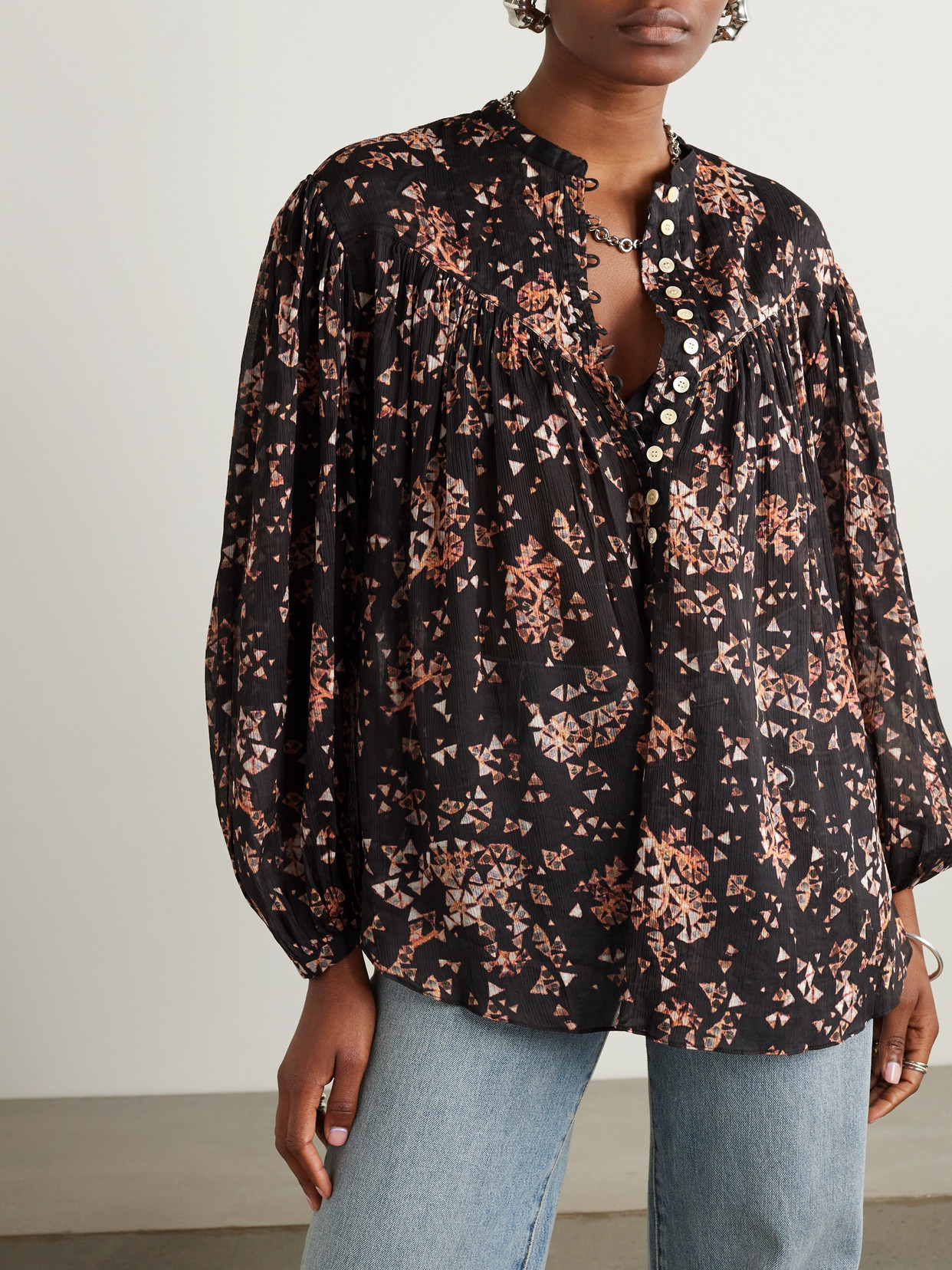 Shop Isabel Marant Kiledia Printed Cotton And Silk-blend Crepe Blouse In Black