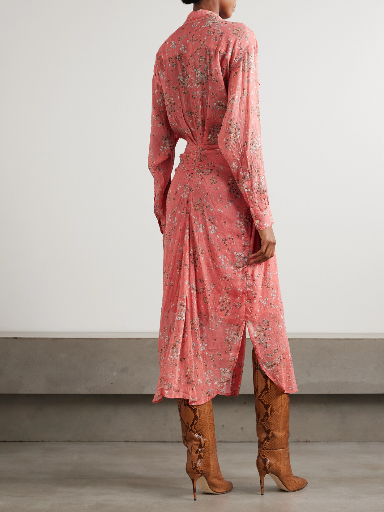 Isabel Marant Anesy Gathered Printed Cotton And Silk-blend Crepon Midi Shirt Dress In Orange