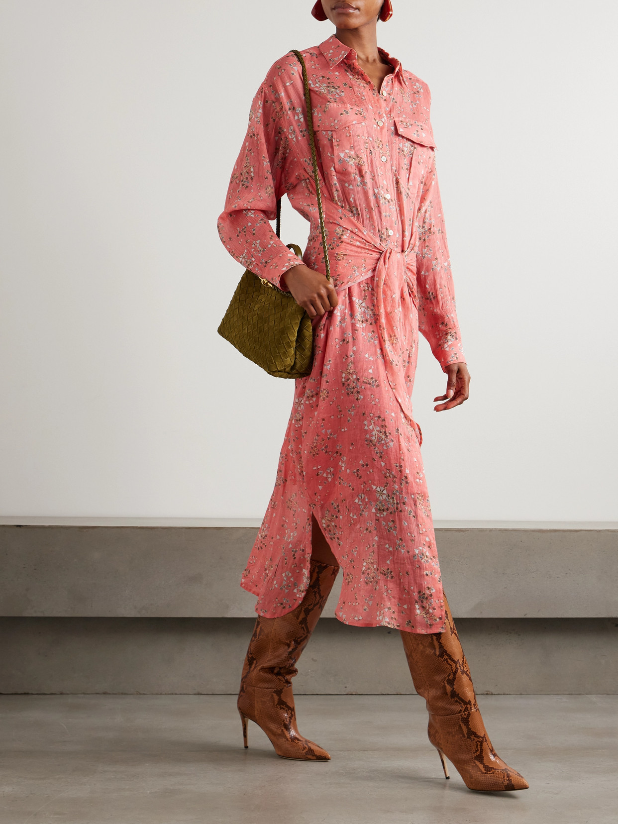 Shop Isabel Marant Anesy Gathered Printed Cotton And Silk-blend Crepon Midi Shirt Dress In Orange