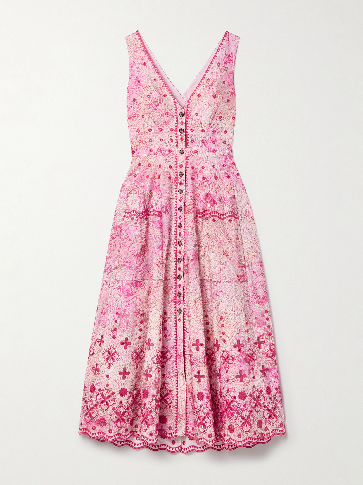Saloni - Zoey Cutout Printed Broderie Anglaise-trimmed Cotton Midi Dress - Pink