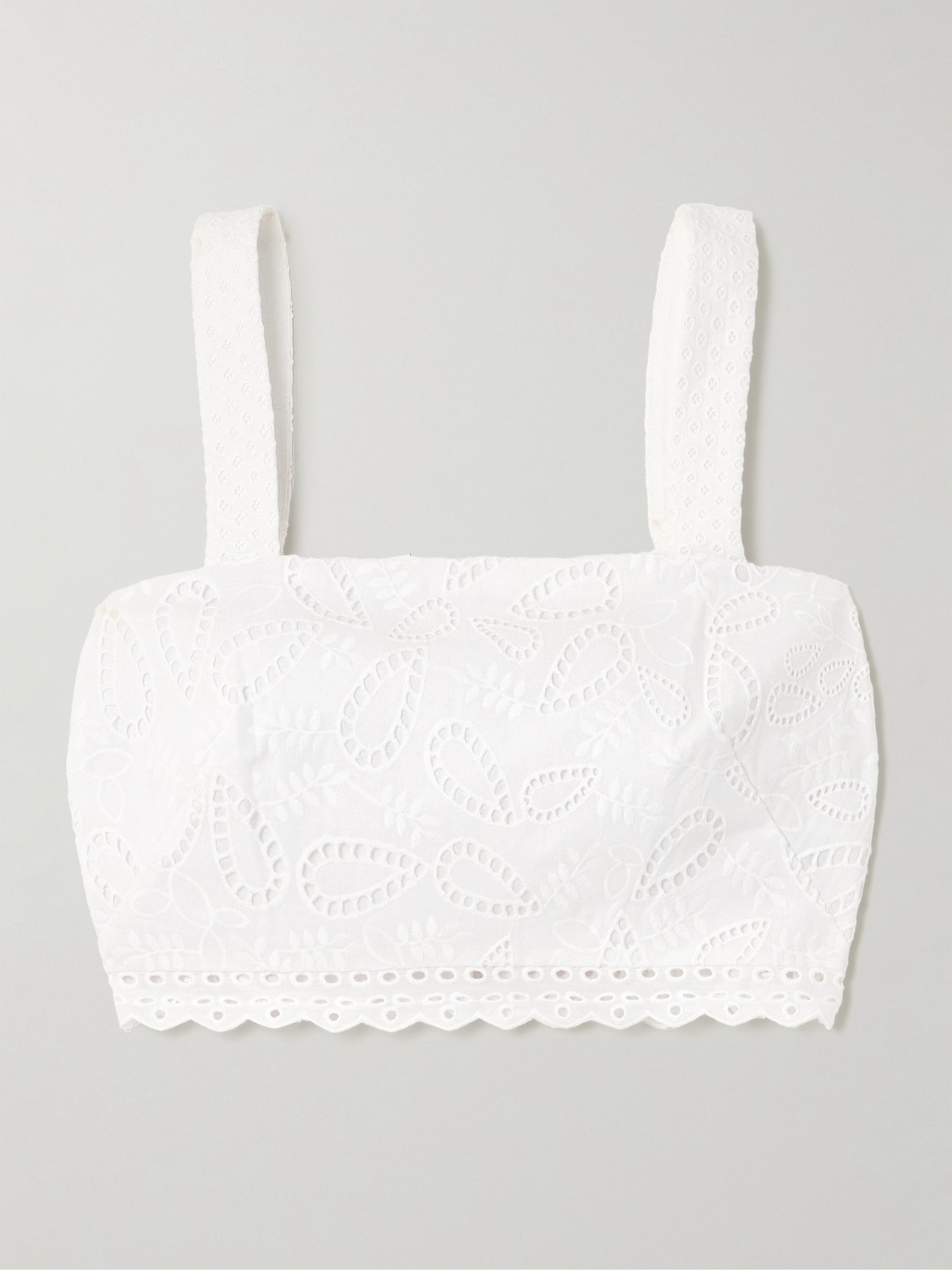 Saloni - Meadow Tie-detailed Cropped Scalloped Broderie Anglaise Cotton Top - White