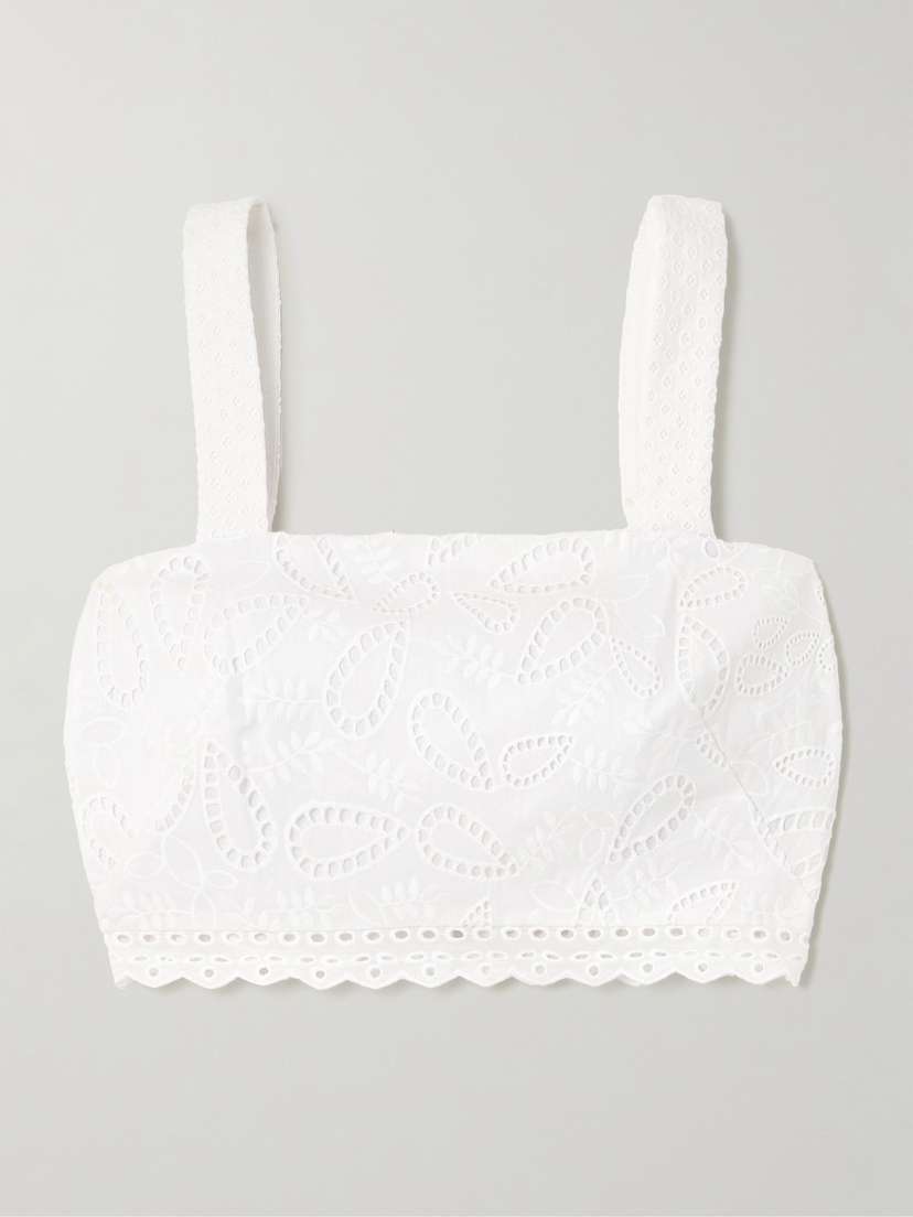 Saloni Meadow Tie-detailed Cropped Scalloped Broderie Anglaise Cotton Top