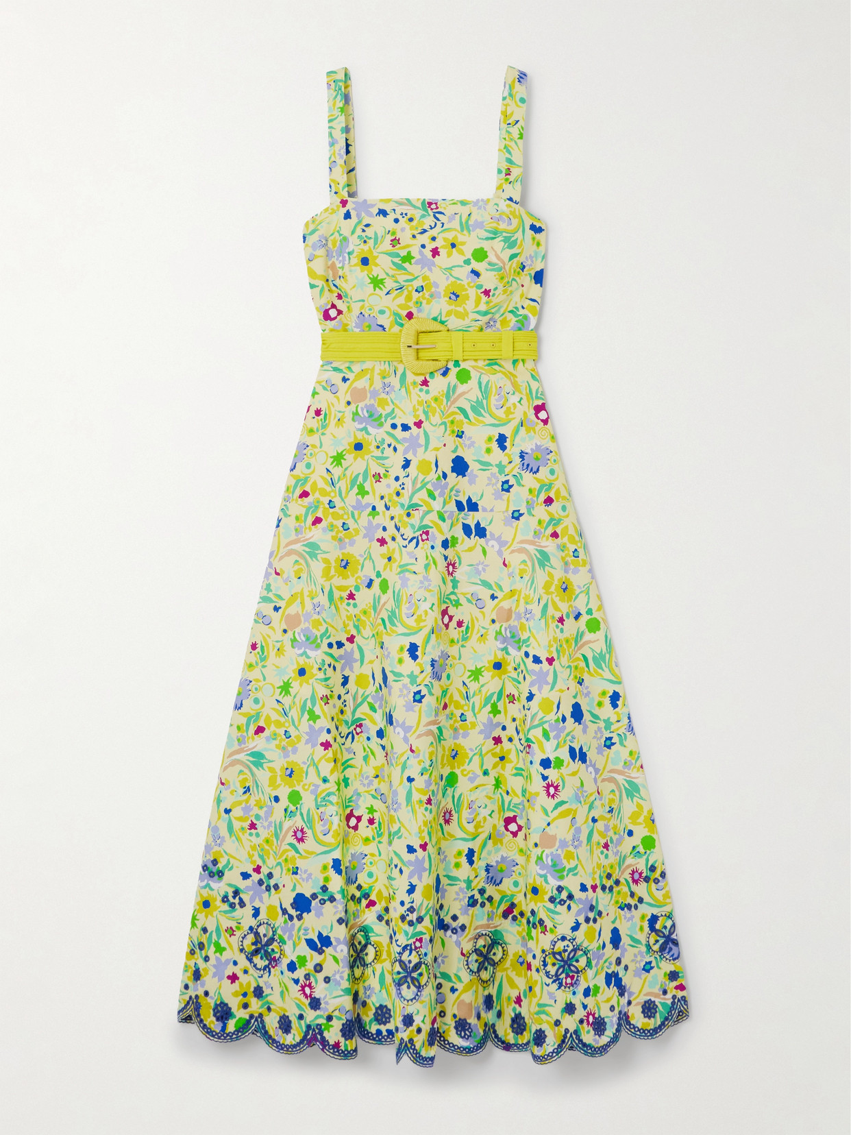 Saloni Aubrey B Belted Floral-print Broderie Anglaise Cotton Midi Dress In Yellow