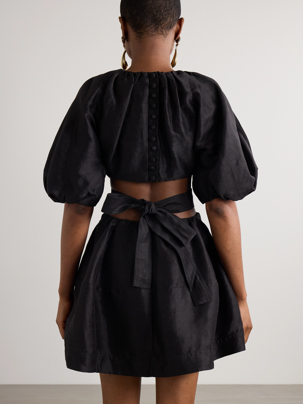 Aje Mimosa Cutout Gathered Linen-blend Mini Dress In Black