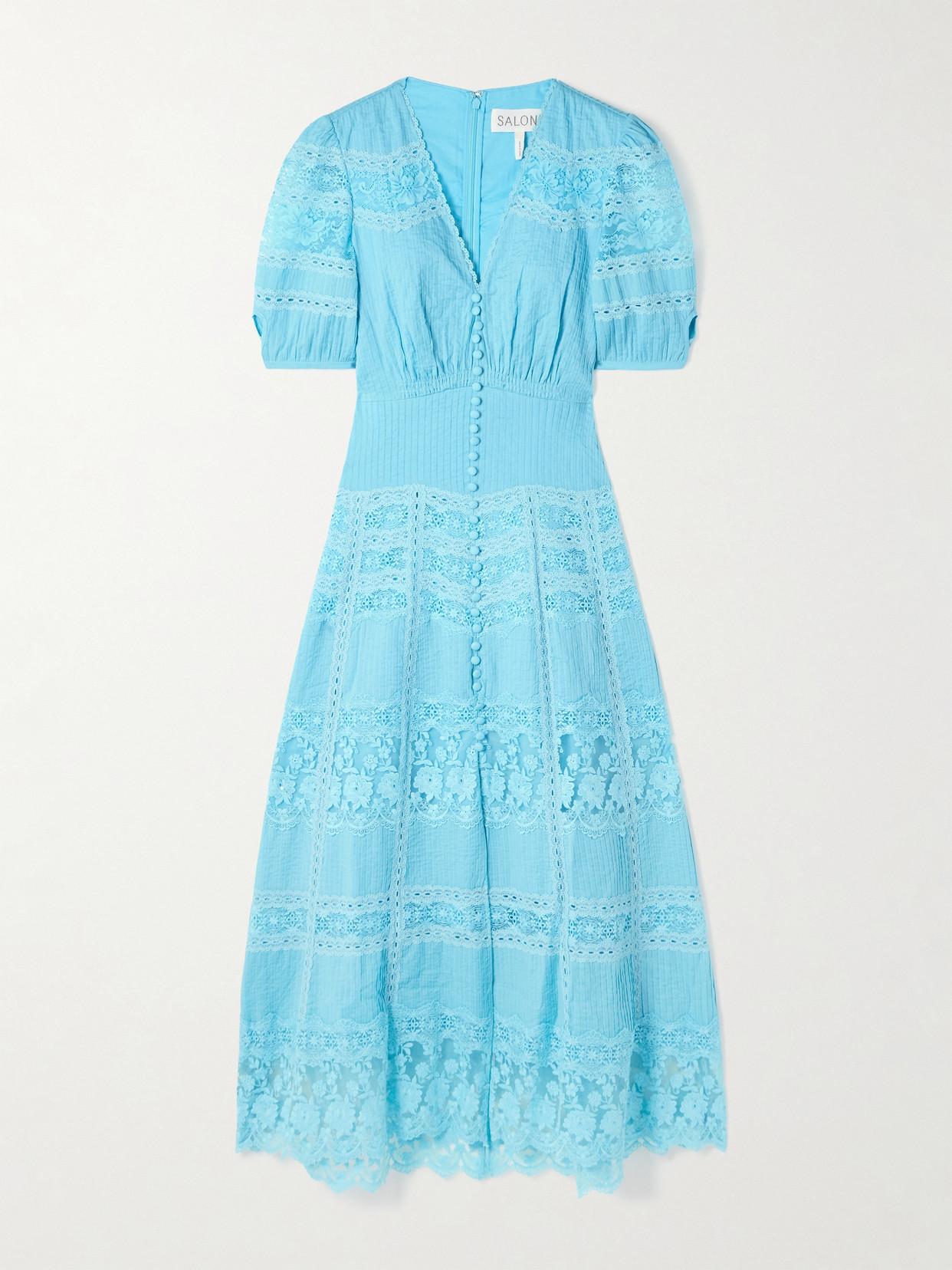 Saloni Lea Paneled Pintucked Lace And Cotton-voile Midi Dress In Blue