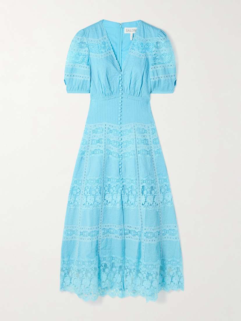 Saloni Lea Paneled Pintucked Lace And Cotton-voile Midi Dress