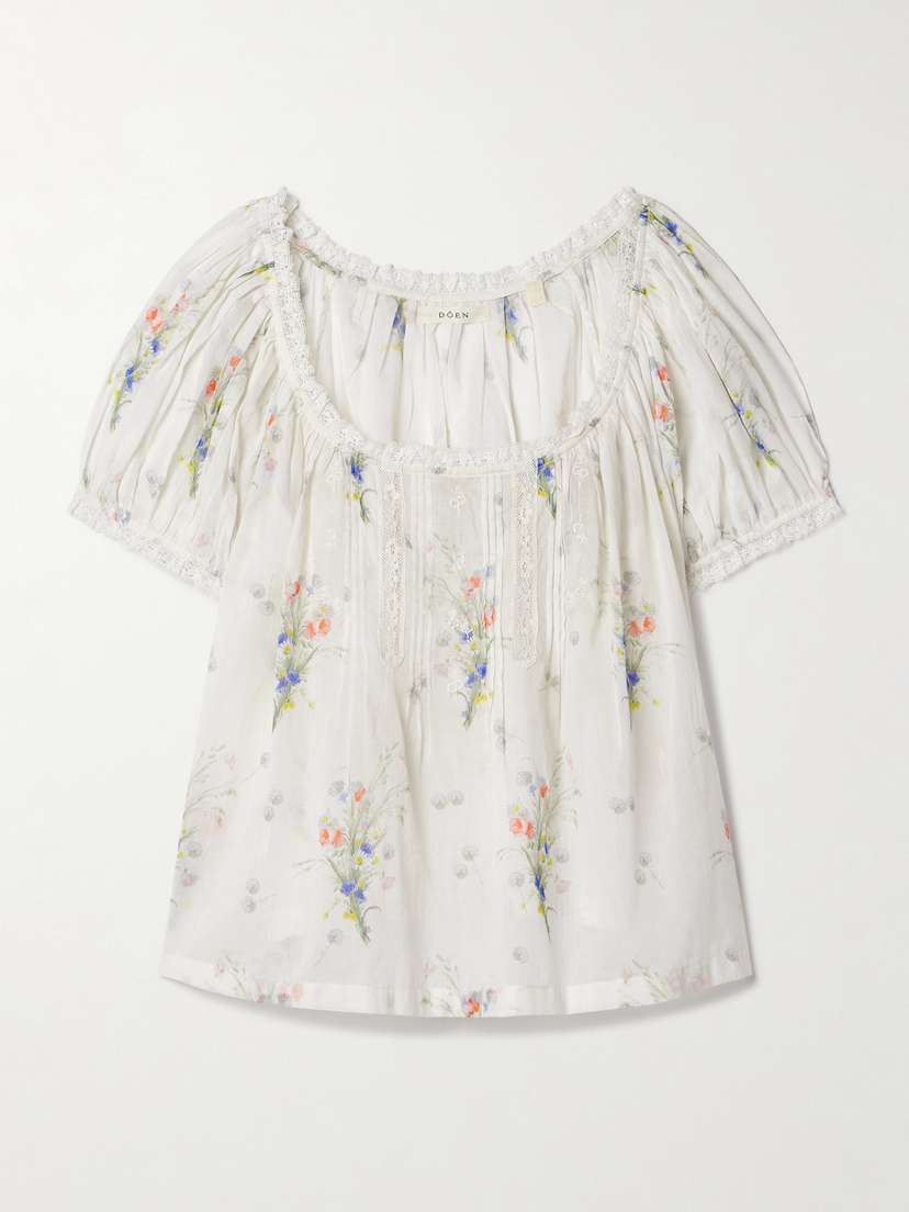 DÔEN Frederica Lace-trimmed Floral-print Organic Cotton-voile Top -  - xx large