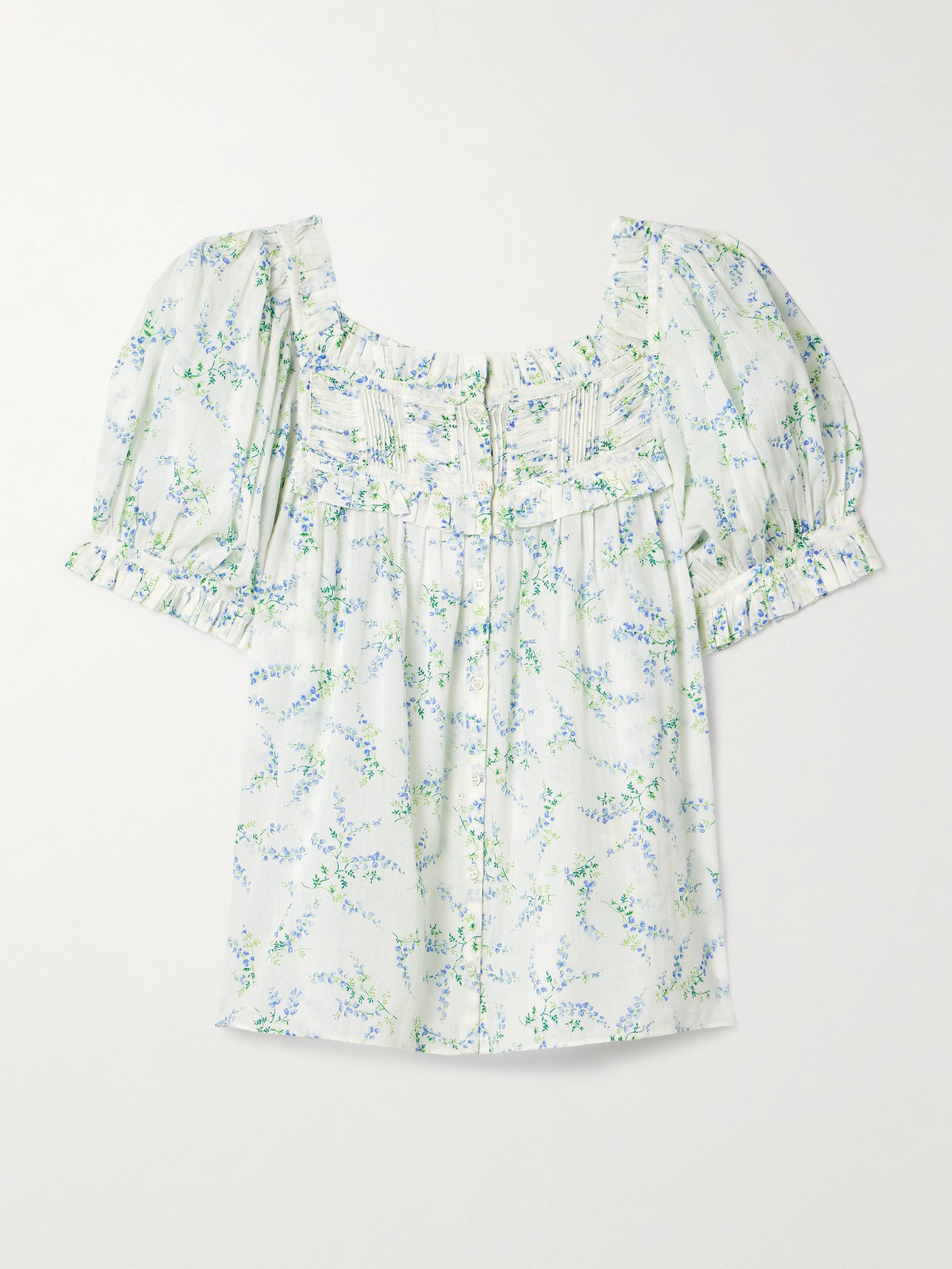 Doen Farley Floral-print Organic Cotton-blend Voile Top In Blue