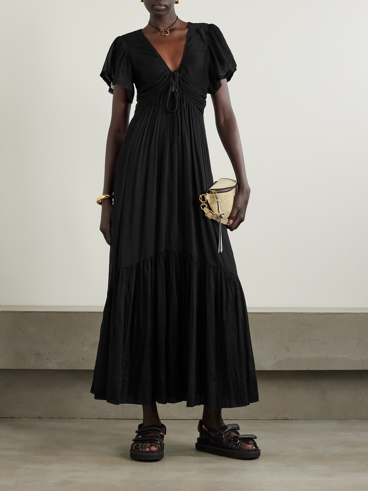 Shop Isabel Marant Agathe Tiered Cotton And Silk-blend Crepon Maxi Dress In Black