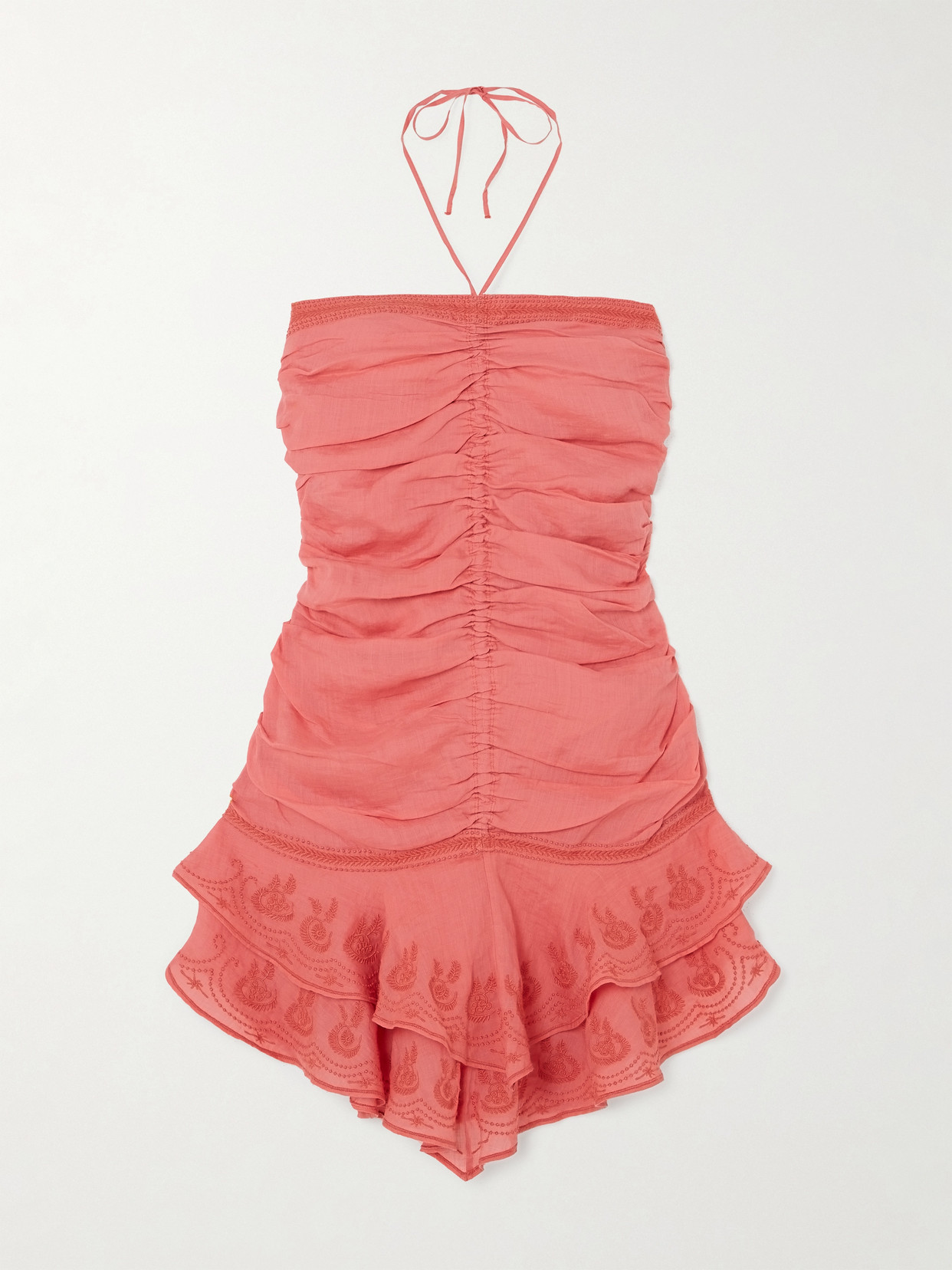 ISABEL MARANT EMANUELA RUCHED EMBROIDERED RAMIE HALTERNECK MINI DRESS