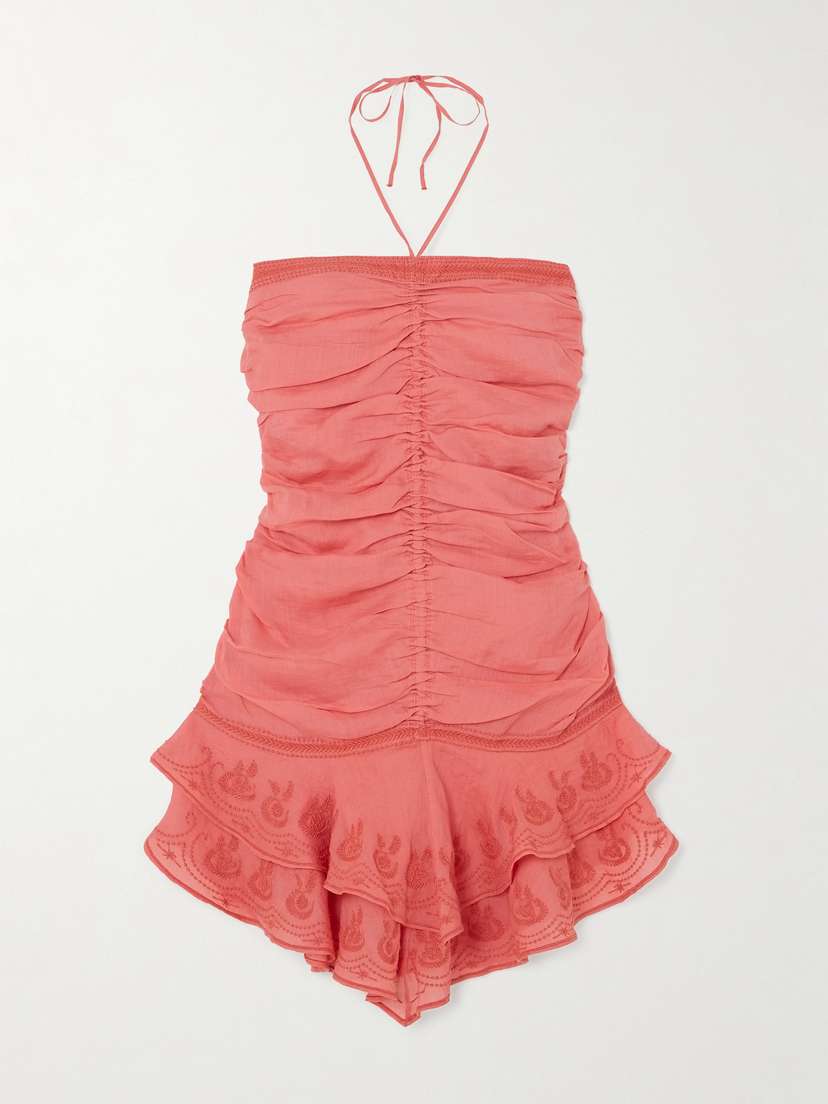 Isabel Marant Emanuela Ruched Embroidered Ramie Halterneck Mini Dress