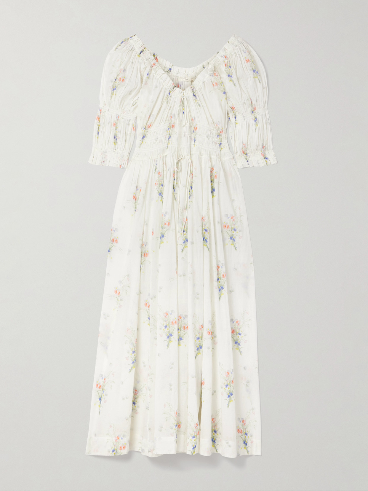 Doen Ischia Floral-print Organic Cotton-voile Midi Dress In White