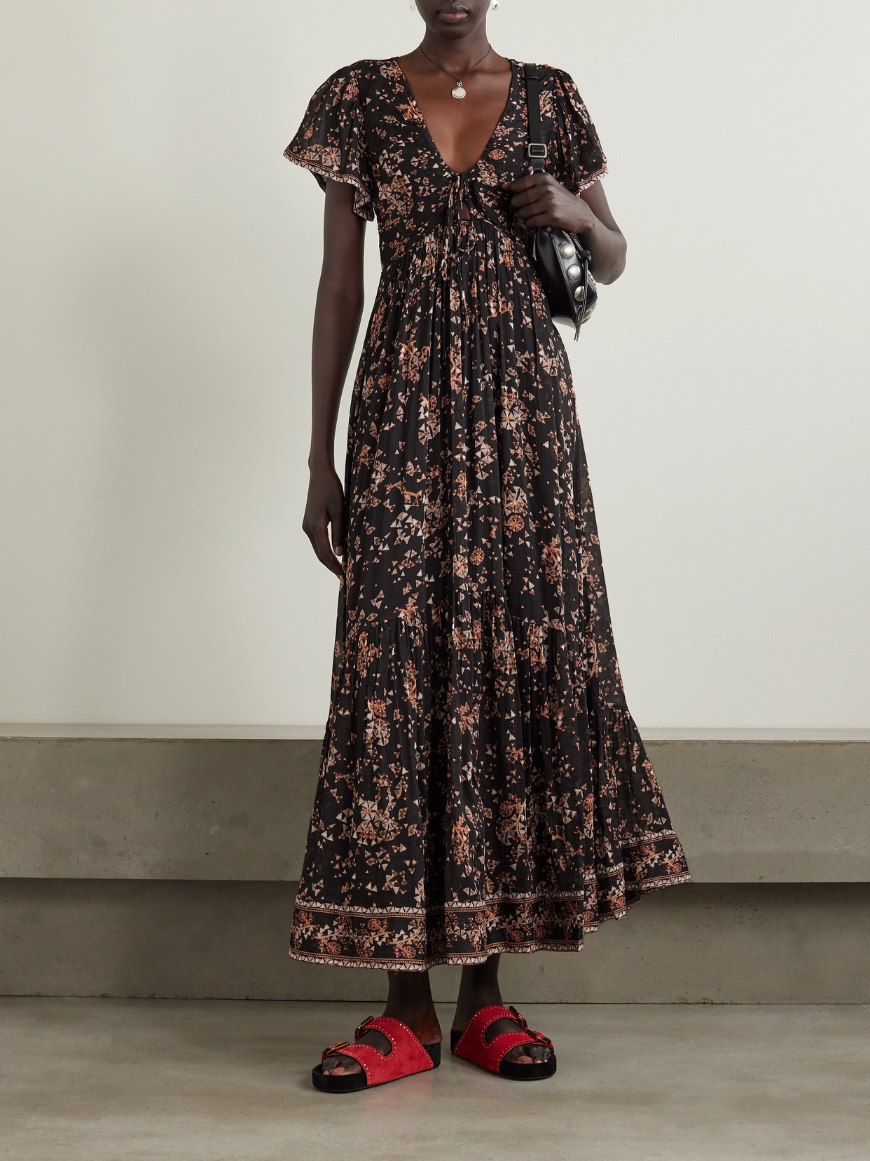 Isabel Marant Agathe Tiered Printed Cotton And Silk-blend Crepon Halterneck Maxi Dress In Black