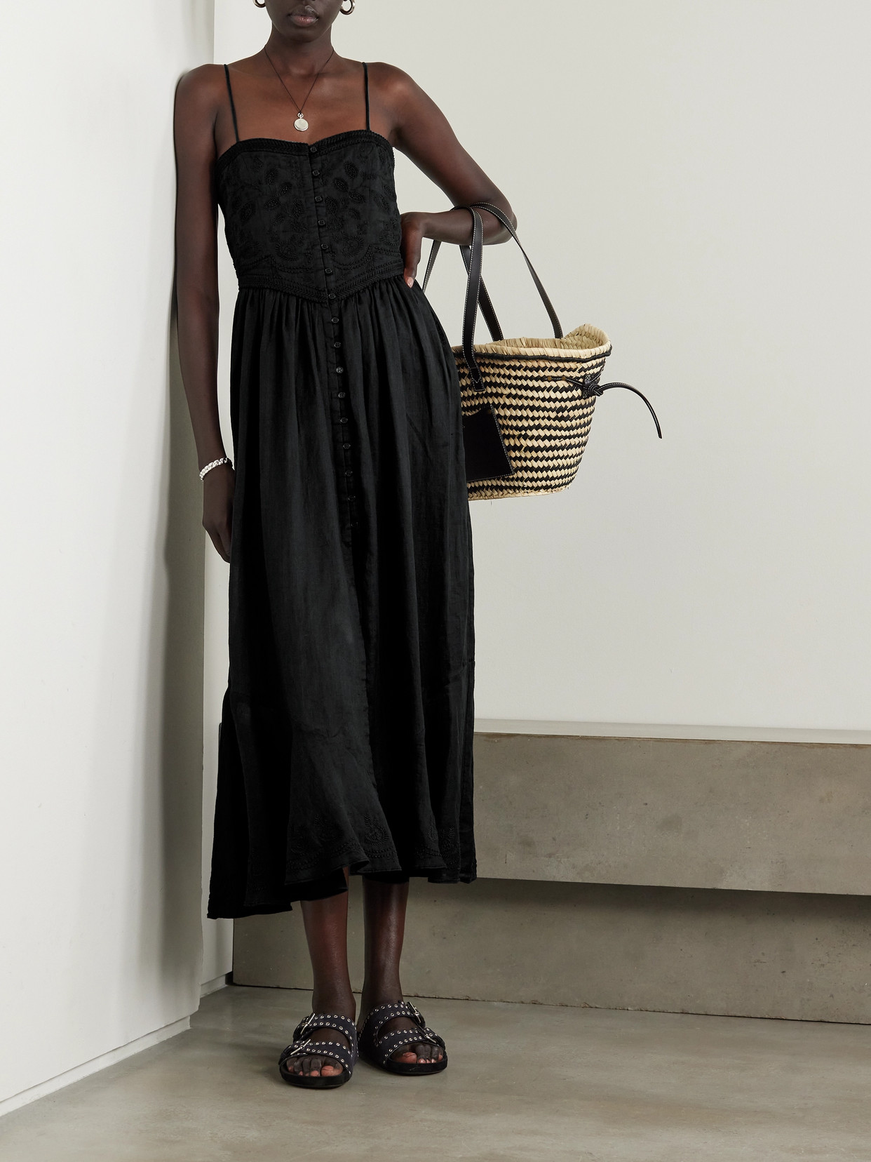 Isabel Marant Erika Embroidered Ramie Midi Dress In Black